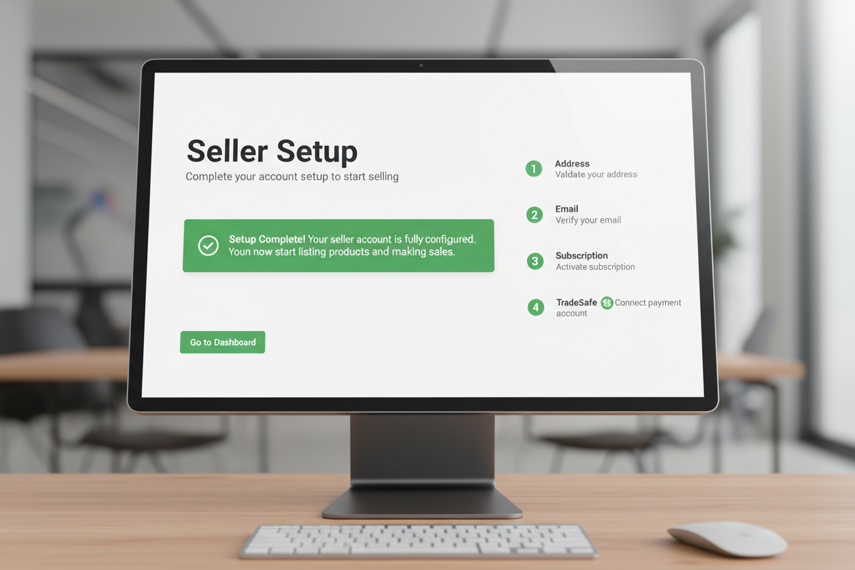 generate photo image Seller Setup
Complete your account setup to start selling
Setup Complete!
Your seller account is fully configured. You can now start listing products and making sales.
1
Address
Validate your address
2
Email
Verify your email
3
Subscription
Activate subscription
4
TradeSafe
Connect payment account